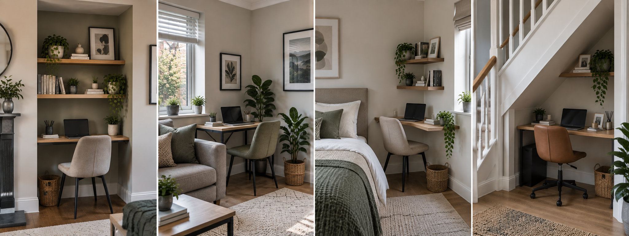Four compact home office ideas using an alcove, living room corner, bedroom and space under the stairs.