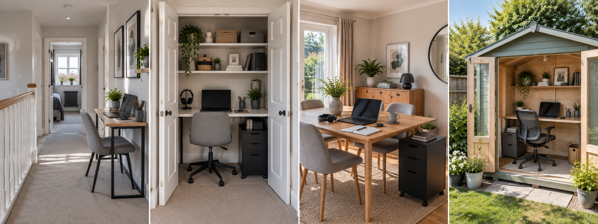 Four home office ideas using an upstairs landing, cupboard, dining table and garden room.