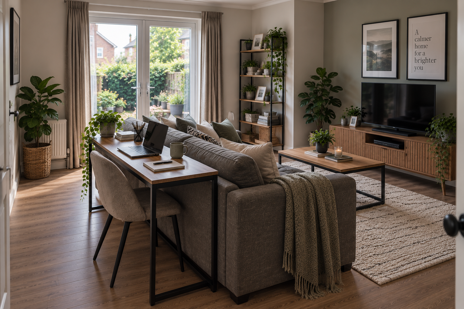 Compact home office with a desk and chair positioned behind a sofa in a small living room.