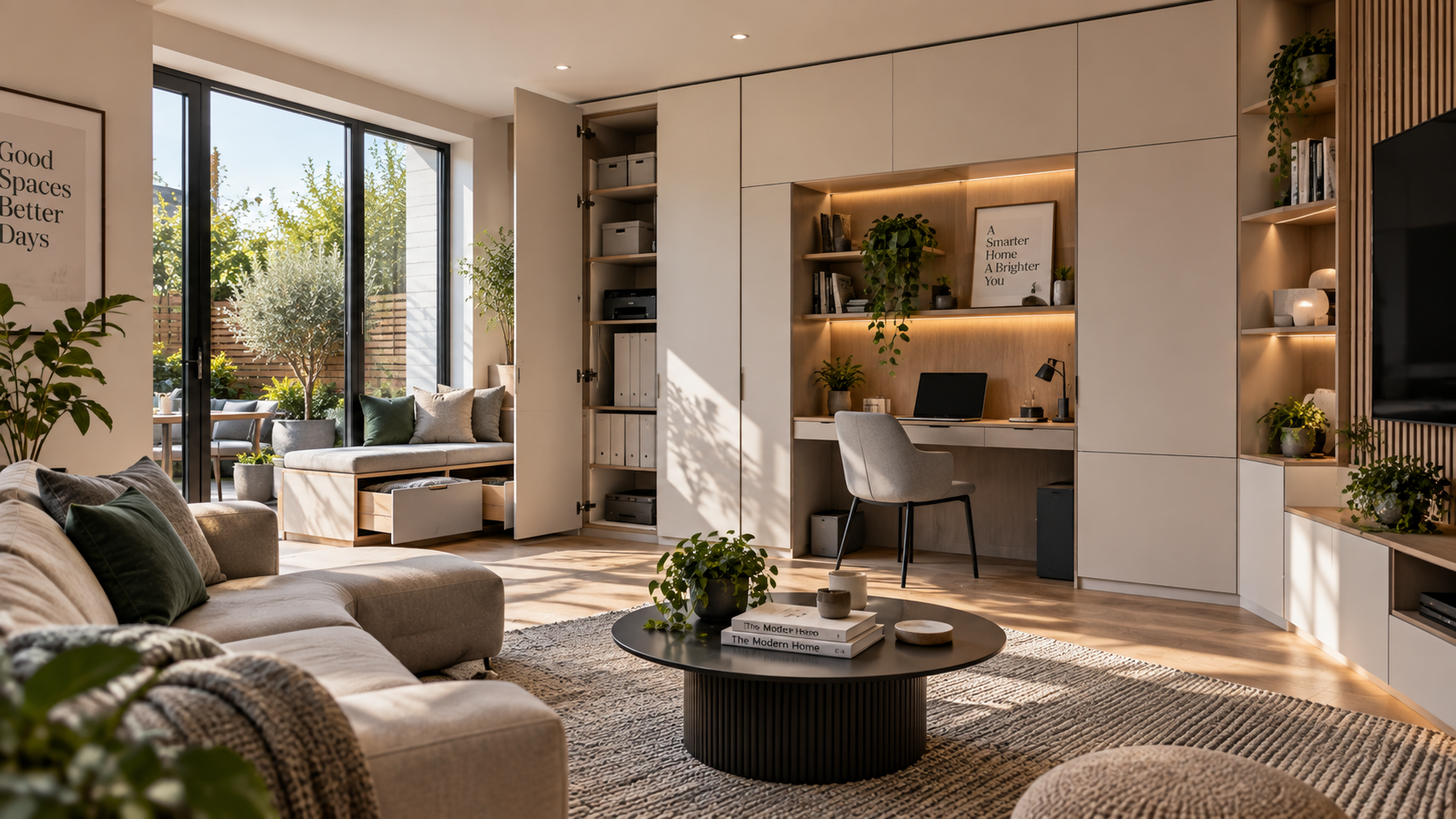Modern living room with floor-to-ceiling built-in storage, an integrated home office and a window seat with hidden storage.