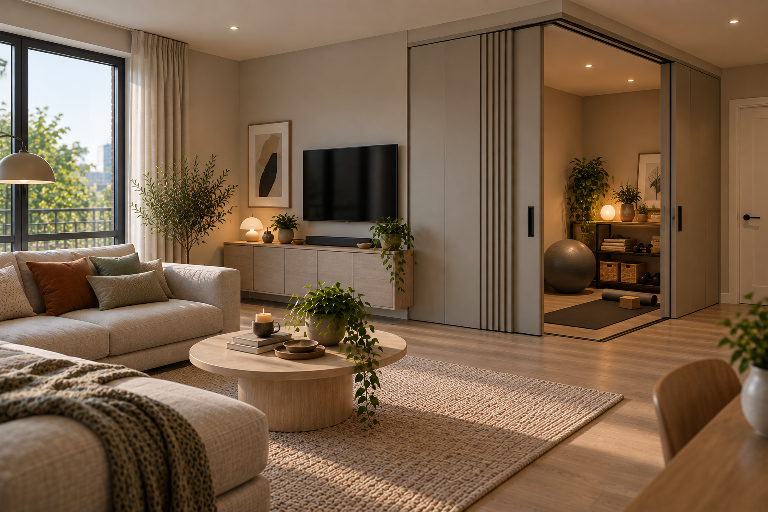 Modern living room with sliding partitions creating a separate flexible exercise space in one corner.