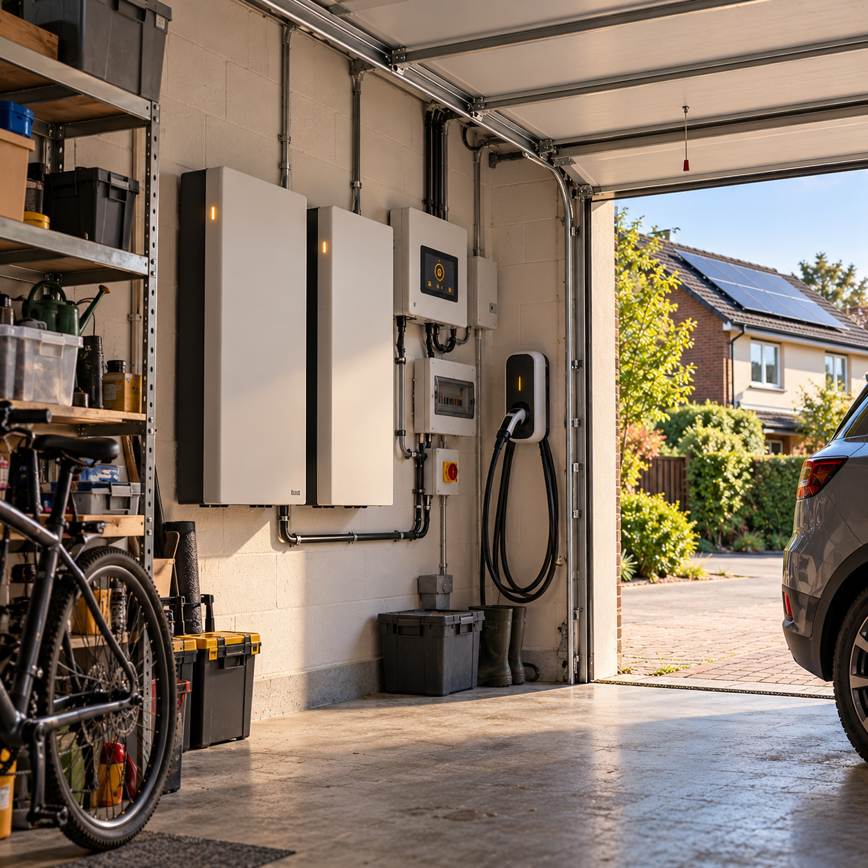 Home battery and energy management system installed in a residential garage, with an EV charger and rooftop solar panels.