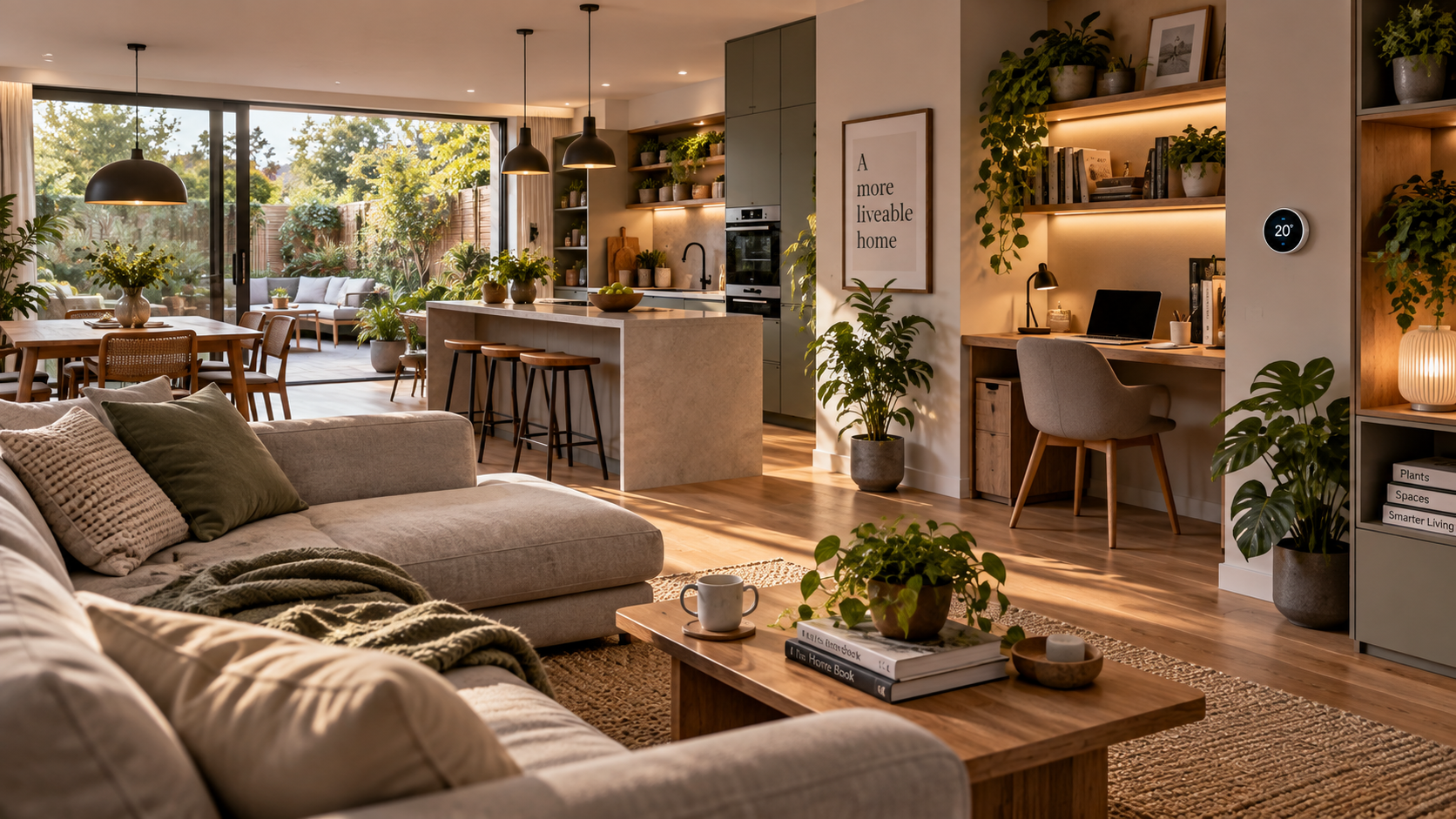 Modern open-plan home combining plants, practical living spaces and smart technology