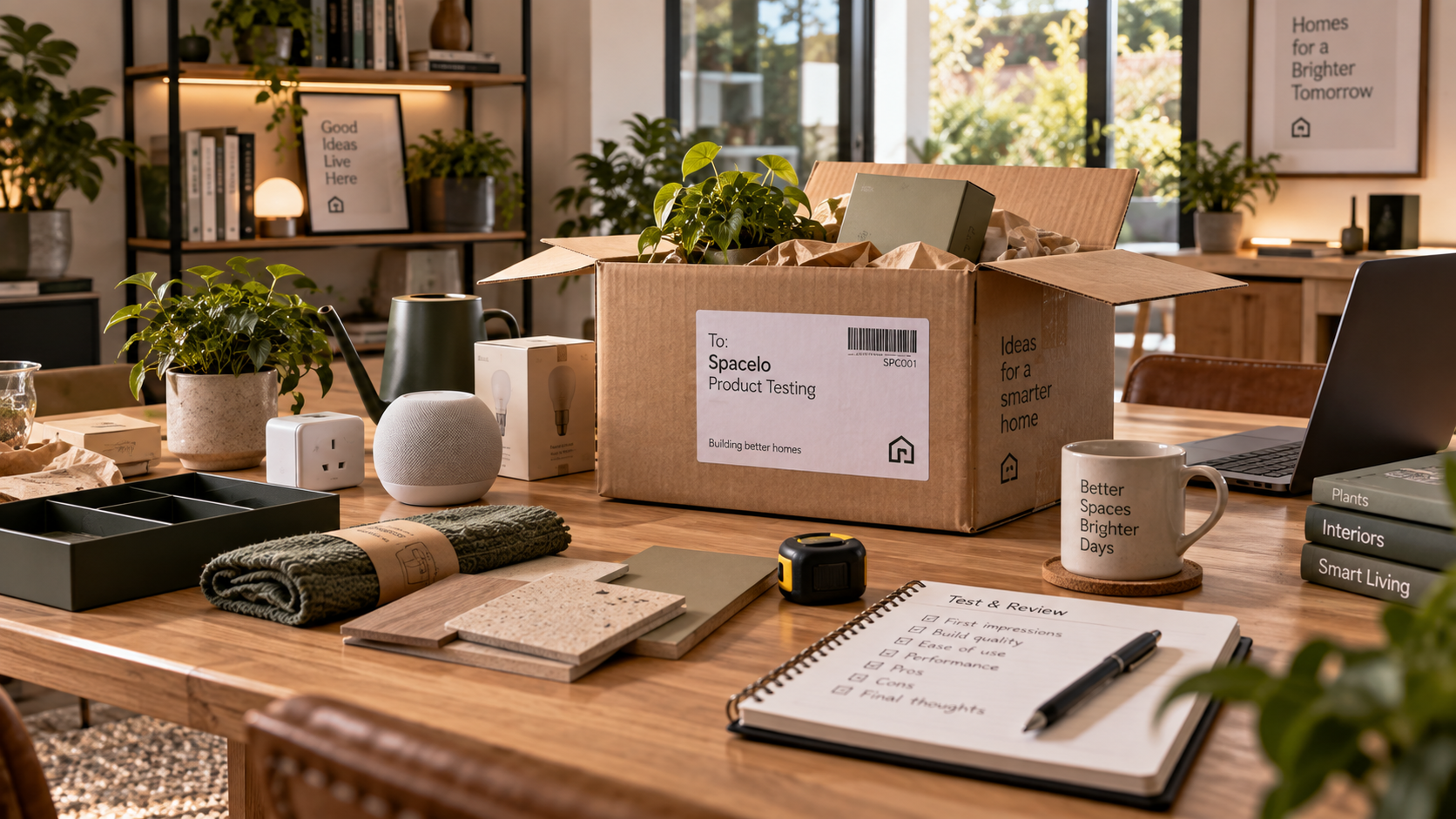 Spacelo product testing workspace with an open delivery box, smart home devices, plants and review note