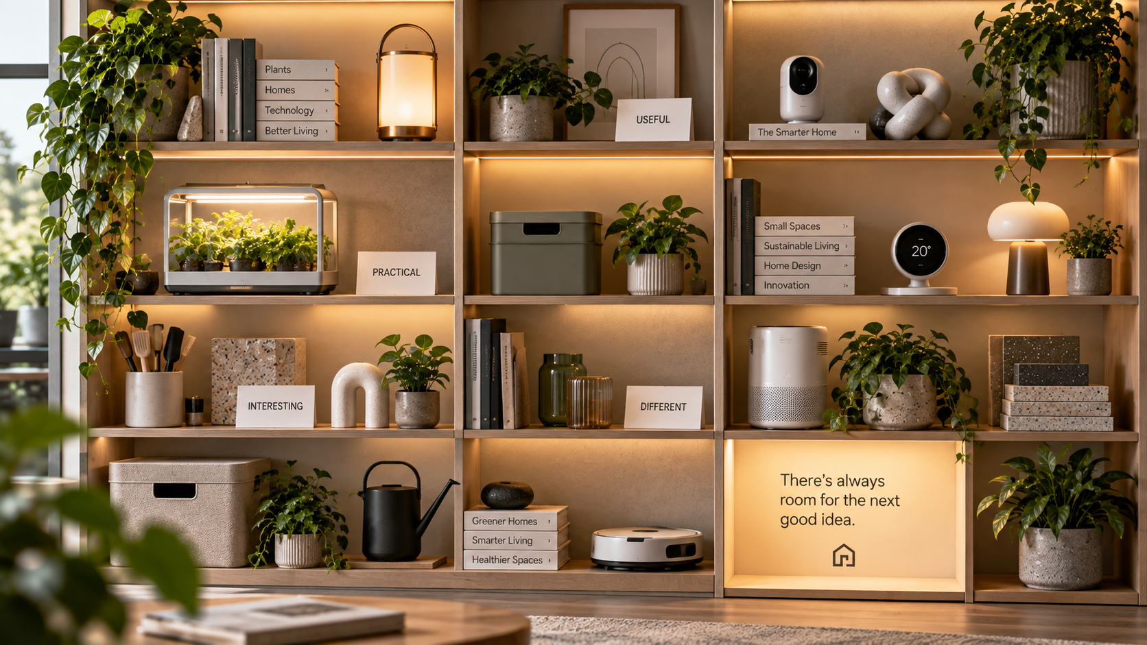 Shelving displaying plants, smart home technology and practical household ideas featured by Spacelo