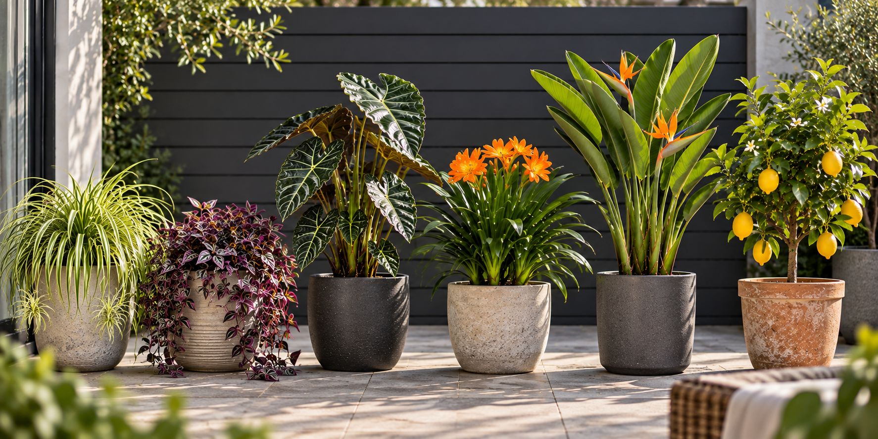 Six indoor plants arranged outdoors in pots on a sunny patio, including a spider plant, Tradescantia, Alocasia, Clivia, bird of paradise and citrus tree.