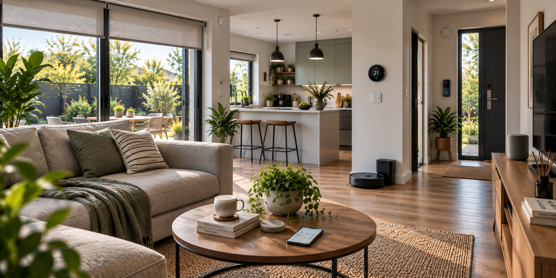 Modern smart home with a smart thermostat, video doorbell, robot vacuum, smart speaker and connected home controls.