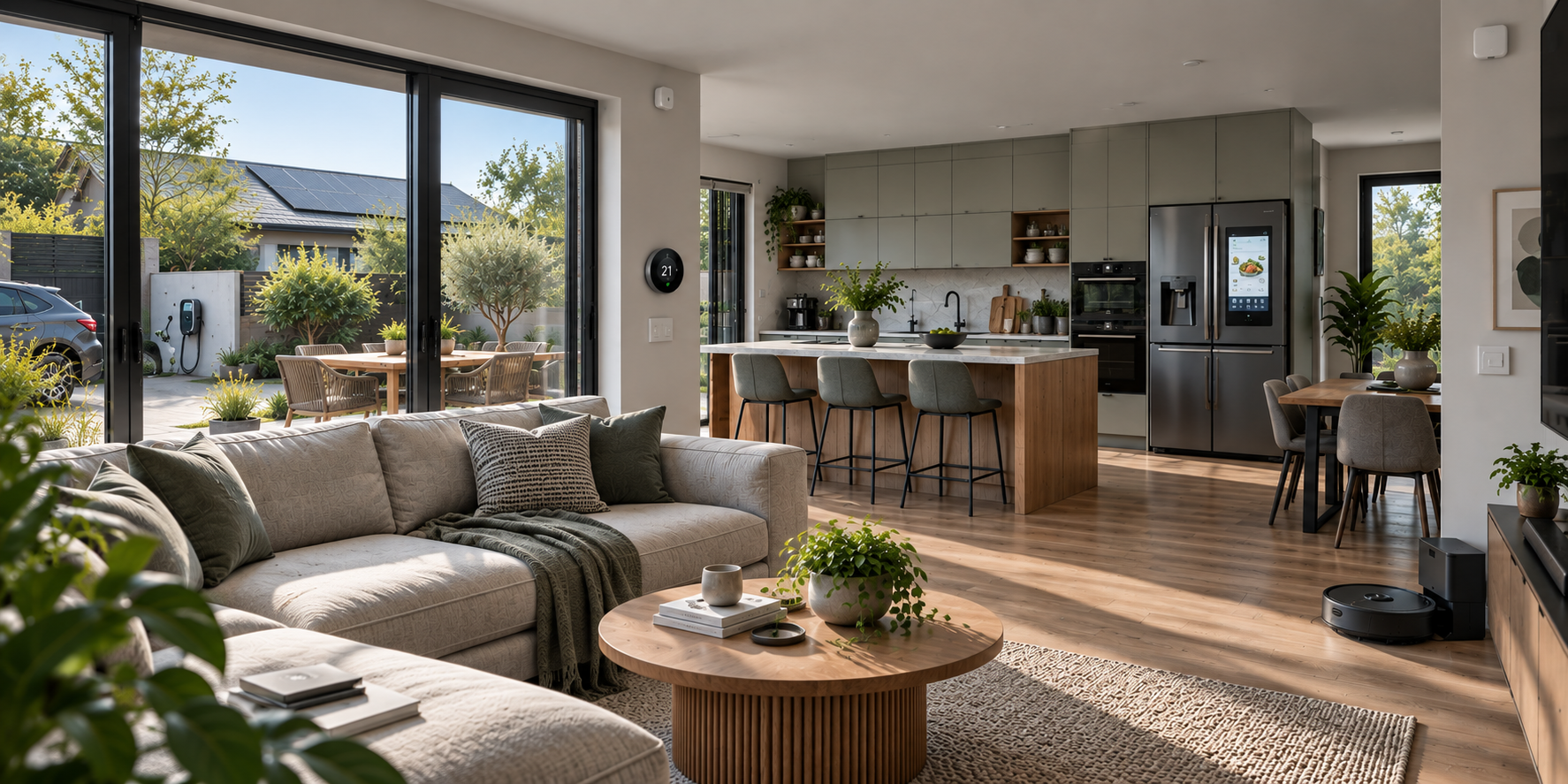 Modern intelligent home with smart appliances, automated blinds, smart thermostat, robot vacuum, solar panels and EV charging.